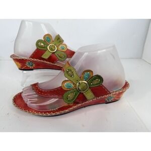 Spring Step L'Artiste Santorini Floral Leather Wedge Sandals EU 39 Boho